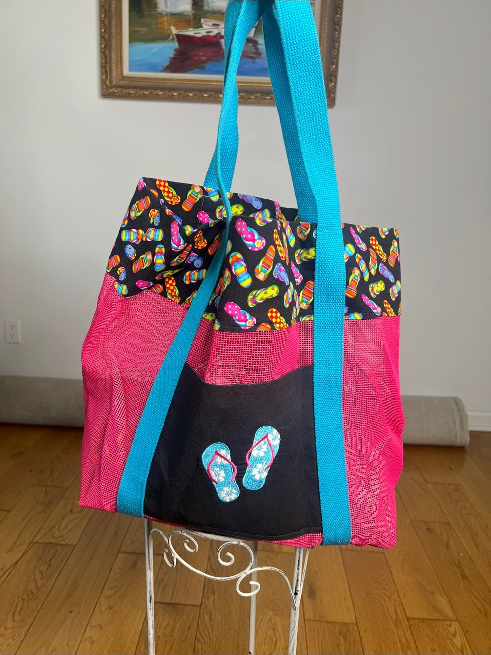 Bright Pink Mesh Tote with Turquoise Straps and Flip-Flop Print